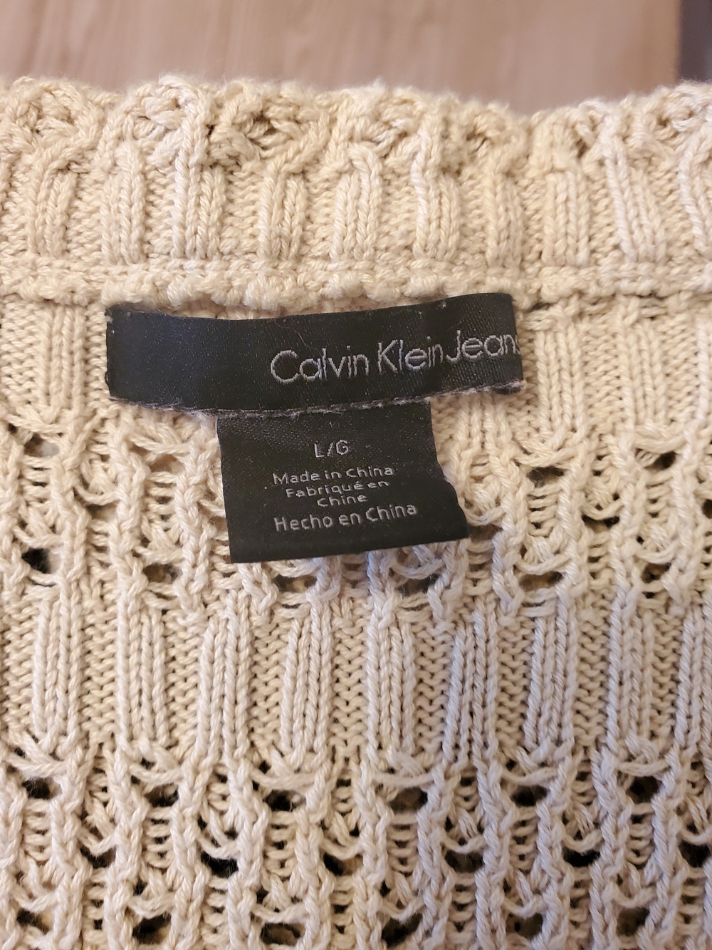 Calvin Klein Jeans Beige Open-Knit Off-Shoulder Sweater